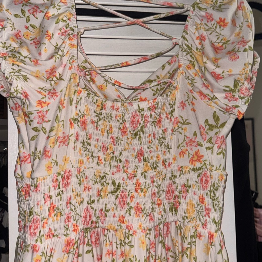 Floral Puff Sleeve Dress with Crisscross Back